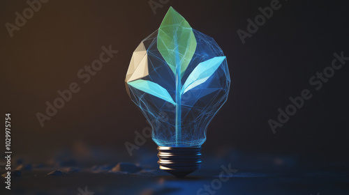 A blue sprout grows inside a light bulb, representing energy-saving and eco-friendly practices. This image shows how using less electricity helps the environment.low poly wireframe. photo