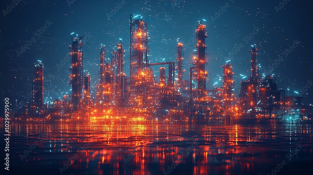 A striking industrial complex with towering structures glowing in vivid electric colors against a night sky, illustrating modern technology and industrial advances. A striking industrial complex with towering structures glowing in vivid electric colors against a night sky, illustrating modern technology and industrial advances.