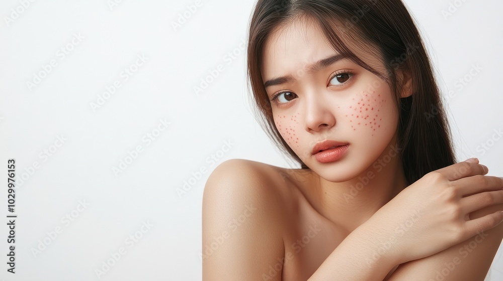Naklejka premium Close-up portrait of a young woman with freckles on her face, looking at the camera with a serious expression.