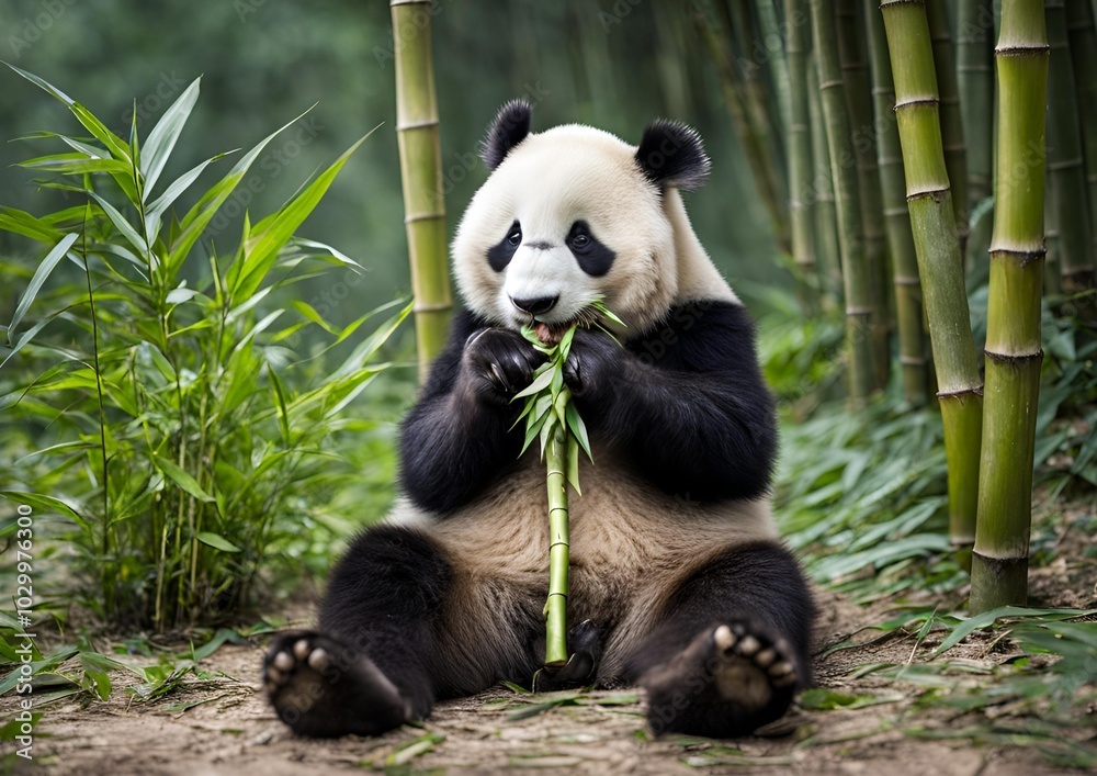 A charming panda sits contentedly, munching on bamboo. A charming panda sits contentedly, munching on bamboo.