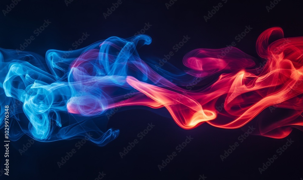 This image shows an intense and dynamic interaction of red and blue abstract smoke with hints of fire, symbolizing energy, contrast, and the interplay of opposing elements This image shows an intense and dynamic interaction of red and blue abstract smoke with hints of fire, symbolizing energy, contrast, and the interplay of opposing elements