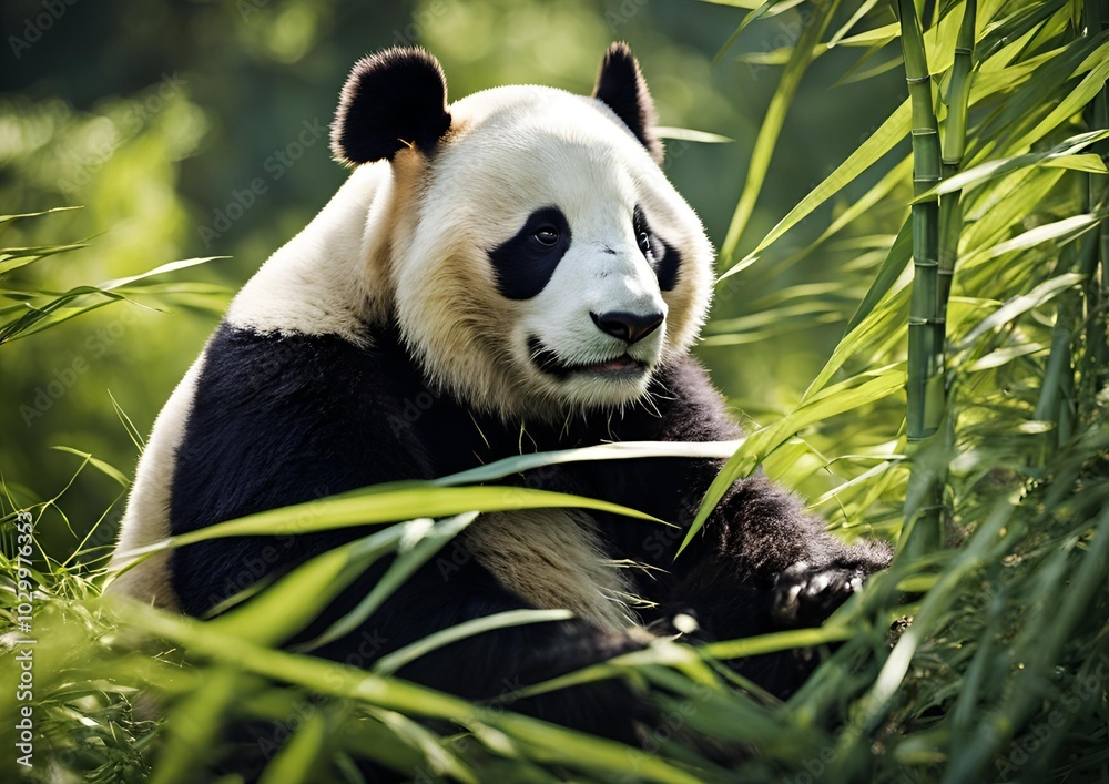 A charming panda sits contentedly, munching on bamboo. A charming panda sits contentedly, munching on bamboo.
