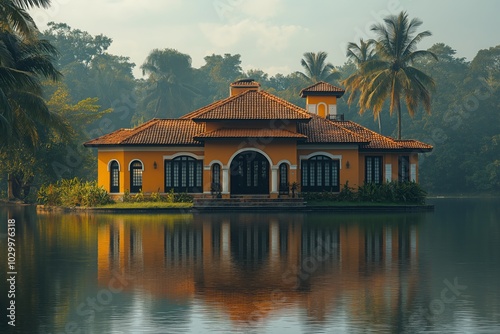 Traditional Kerala villa with orange roof by a peaceful lake, surrounded by lush palm trees