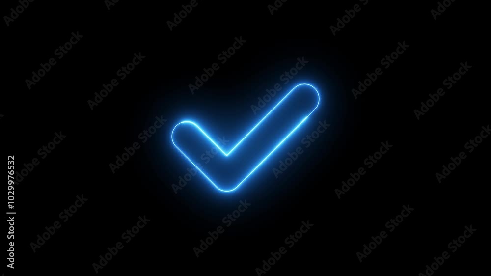 Glowing blue colour neon check mark icon animation on black background. Glowing blue colour neon check mark icon animation on black background.