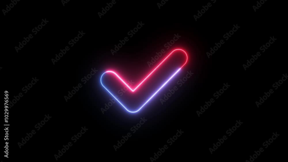 Glowing neon check mark icon animation on black background.