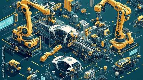 A detailed illustration of an advanced car manufacturing facility showcasing robotic arms and cutting-edge technology in a futuristic setting. photo