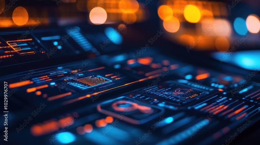 Close-up shot of futuristic interface with glowing orange and blue elements. Close-up shot of futuristic interface with glowing orange and blue elements.