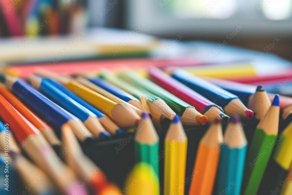 Close-up shot of colorful pencils in a box. Close-up shot of colorful pencils in a box.
