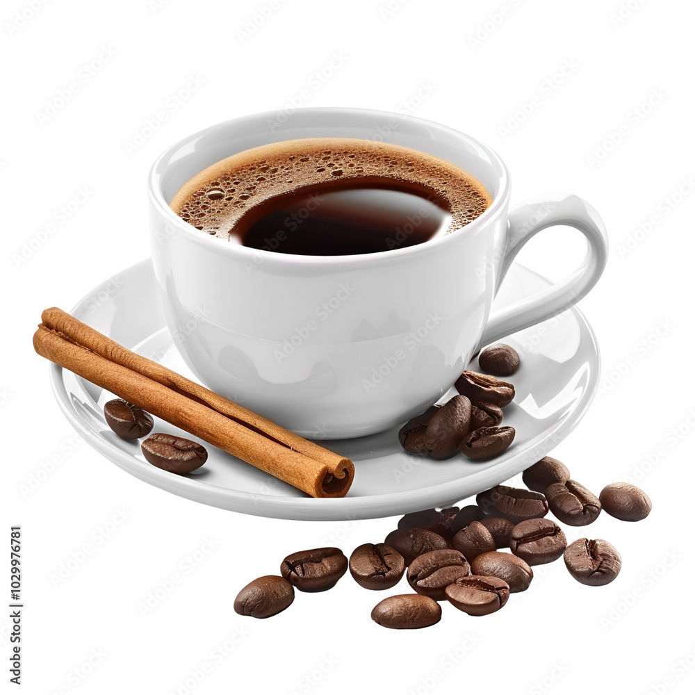 Coffee Cup with Cinnamon Stick and Beans