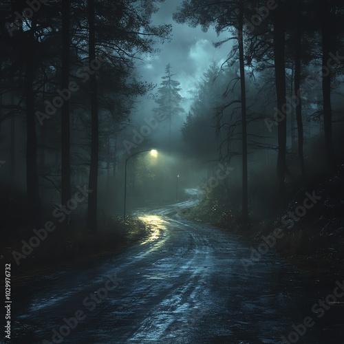 A misty night road winding through dark trees, illuminated by a single lamp. An atmosphere of mystery and solitude prevails.