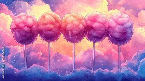 Dreamlike pastel clouds of candy floss held in glasses create a whimsical and surreal atmosphere, set against a backdrop of a soft, glowing sky at dusk. photo