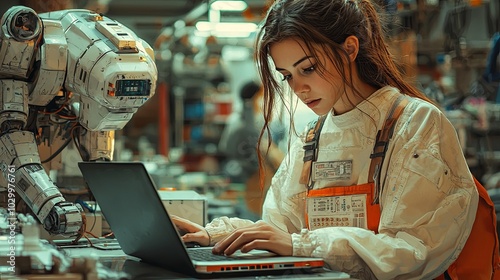 A focused woman in a high-tech laboratory setting works diligently on a laptop as a humanoid robot observes, symbolizing synergy between humans and advanced technology. photo