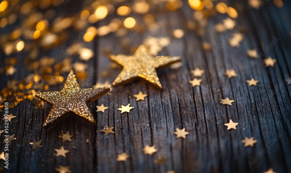 Three gold stars are on a wooden surface with a lot of gold star confetti Three gold stars are on a wooden surface with a lot of gold star confetti