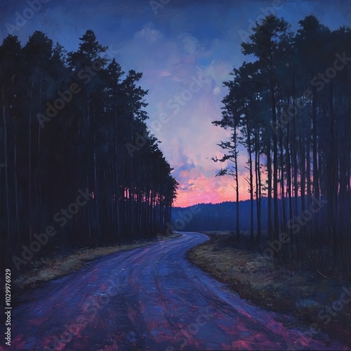 A serene winding road through tall trees at sunset, showcasing vibrant colors in the sky, ideal for nature lovers and travelers.
