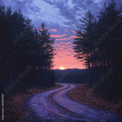 A tranquil winding road through a forest at sunset, showcasing vibrant colors and serene nature.