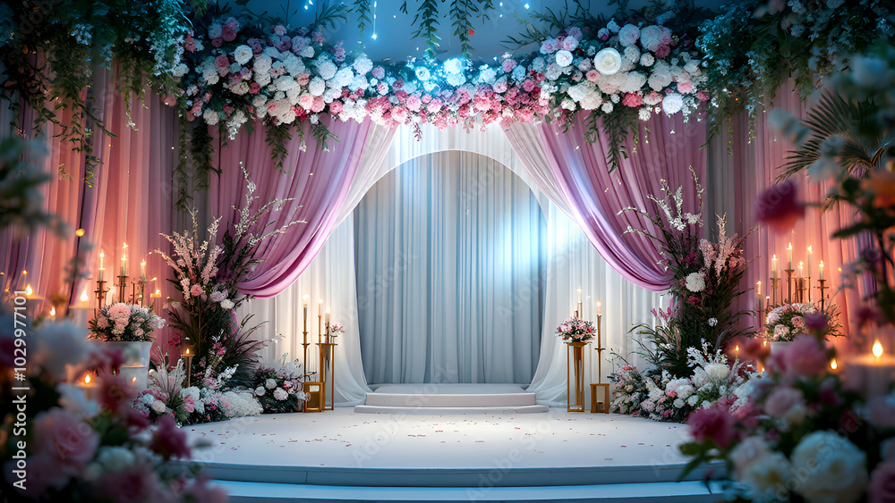 A wedding ceremony setup with a white platform under a floral archway, adorned with pink and white drapes and candles. The scene is illuminated by warm candlelight and surrounded by lush greenery. A wedding ceremony setup with a white platform under a floral archway, adorned with pink and white drapes and candles. The scene is illuminated by warm candlelight and surrounded by lush greenery.