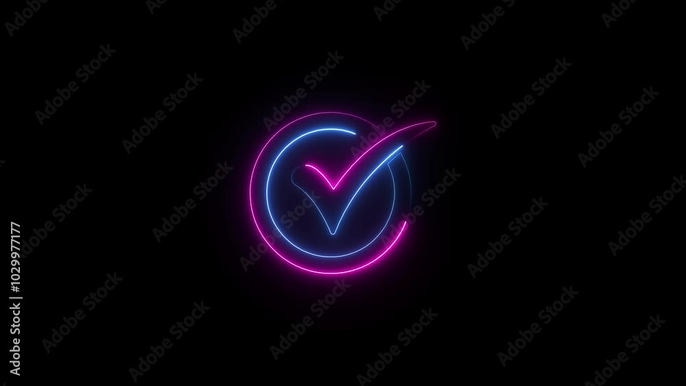 Glowing blue colour neon check mark icon animation on black background. Glowing blue colour neon check mark icon animation on black background.