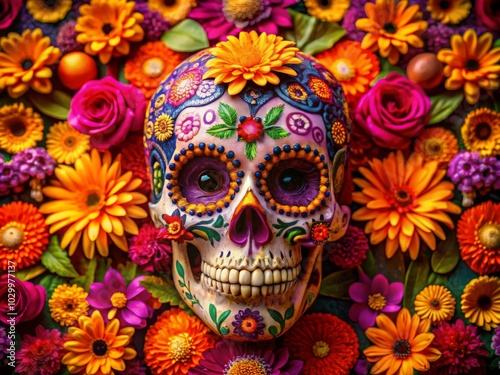 Vibrant Sugar Skull Surrounded by Colorful Flowers