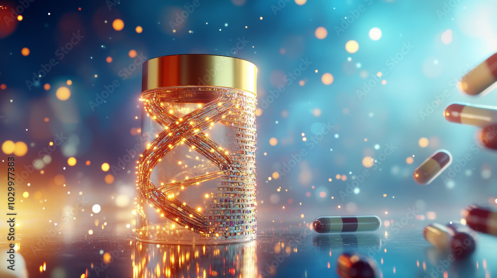 A sparkling gold package with a DNA helix design holds cosmetics. The background features a blue sky with glowing blur and medicine capsules.low poly wireframe. A sparkling gold package with a DNA helix design holds cosmetics. The background features a blue sky with glowing blur and medicine capsules.low poly wireframe.