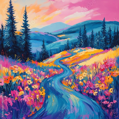 Vibrant landscape featuring a winding path through colorful flowers and towering trees under a dramatic sky.