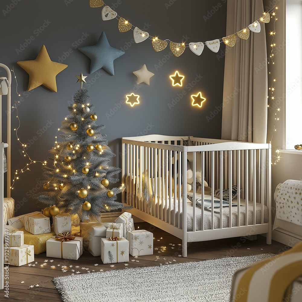 Cozy nursery with a small Christmas tree and festive garlands, 3D illustration Cozy nursery with a small Christmas tree and festive garlands, 3D illustration