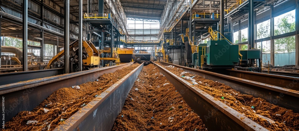 Fototapeta premium A long, narrow, rusty metal conveyor belt runs through a factory, with loose brown material being transported.