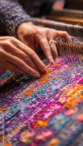 Closeup of hands weaving colorful threads on a loom.