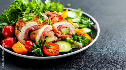 Neatly arranged pork roll with a vibrant medley of vegetables creating a visually appealing and captivating food presentation with ample copy space for product showcasing or editorial use