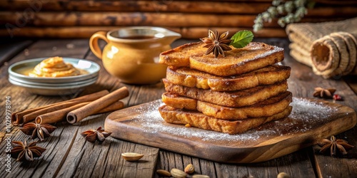 Delicious Torrijas with Cinnamon on Wooden Surface