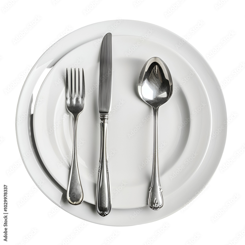 Silverware Set on White Plates Isolated Background Silverware Set on White Plates Isolated Background