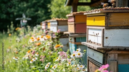 Colorful beehives in a field of wildflowers.