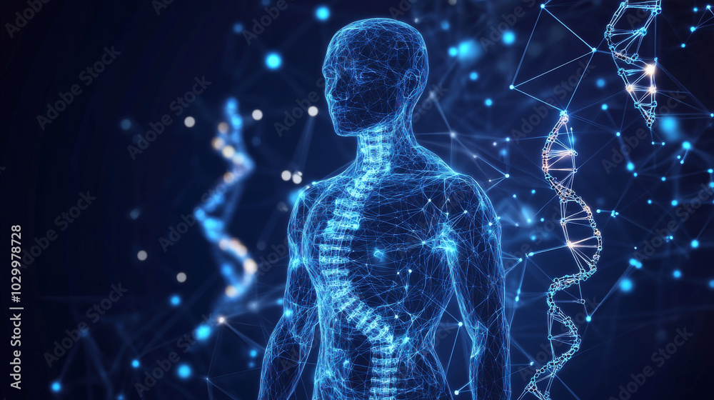 A 3D image of a human body, simplified with geometric shapes. It shows the concepts of DNA technology, gene therapy, and medical research.low poly wireframe. A 3D image of a human body, simplified with geometric shapes. It shows the concepts of DNA technology, gene therapy, and medical research.low poly wireframe.