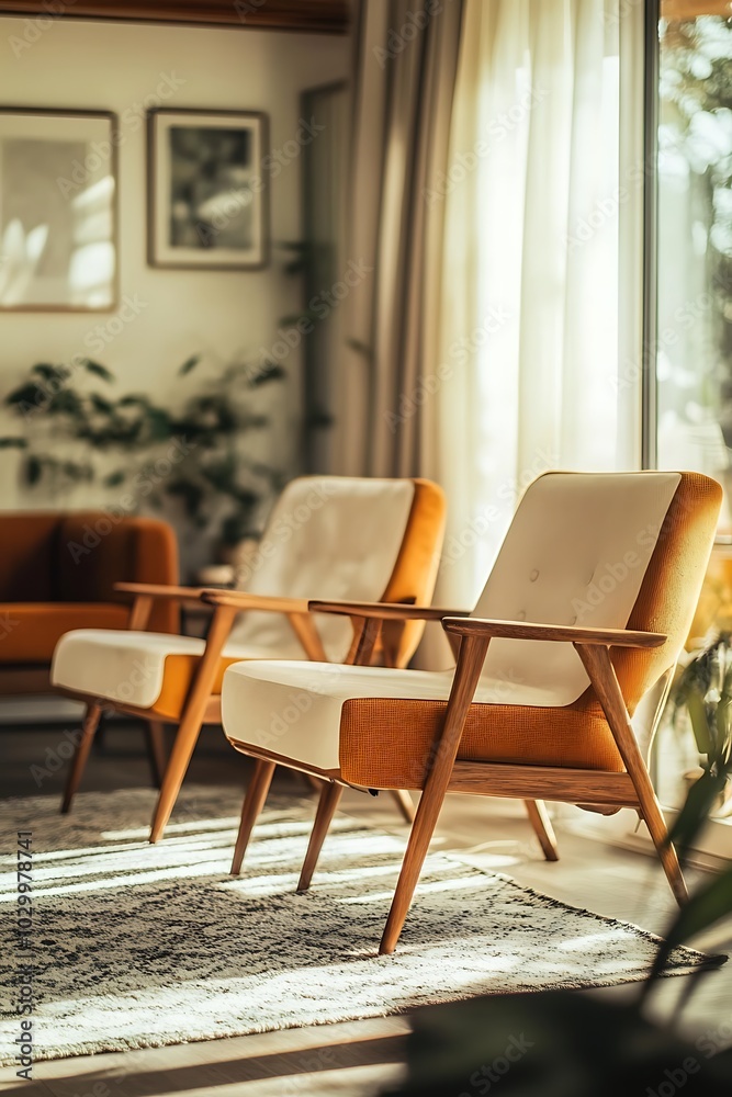 MidCentury Modern Armchairs In A Sunny Living Room MidCentury Modern Armchairs In A Sunny Living Room