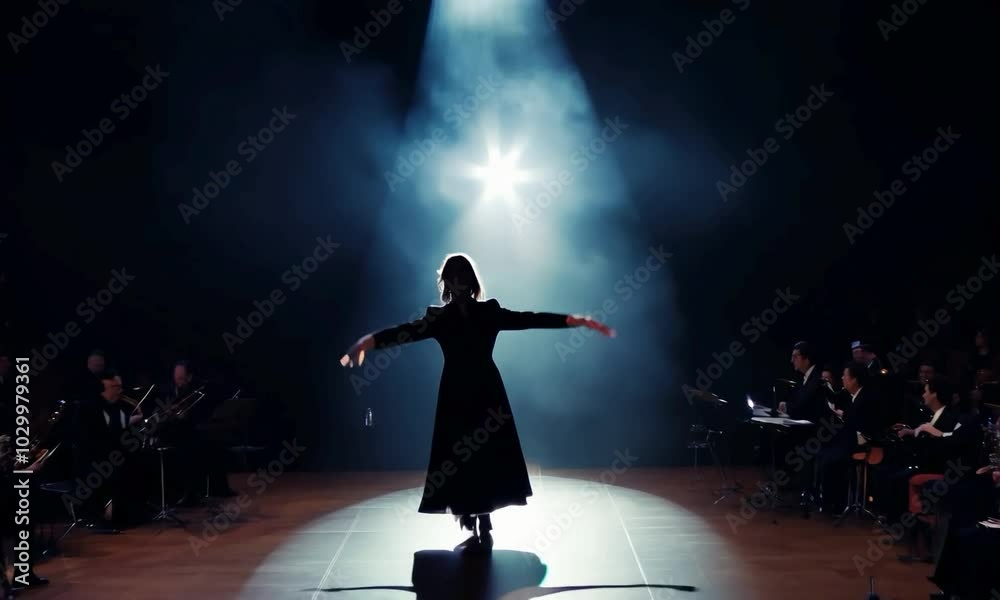 a grand concert hall. It dolly-in towards the stage where a soloist performs under a bright spotlight
