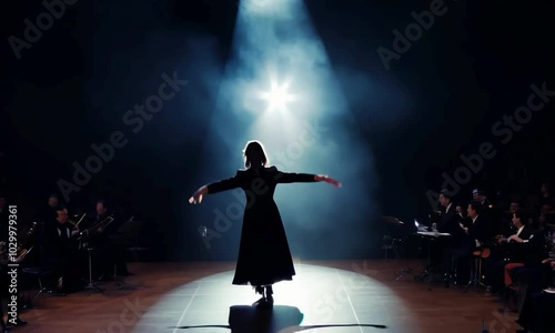 a grand concert hall. It dolly-in towards the stage where a soloist performs under a bright spotlight
