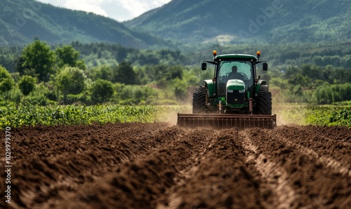 Tractor with plow working soil of agricultural field