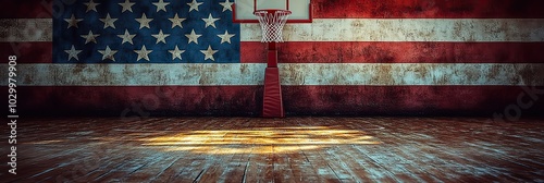 A basketball hoop with an American flag background symbolizes patriotic pride.