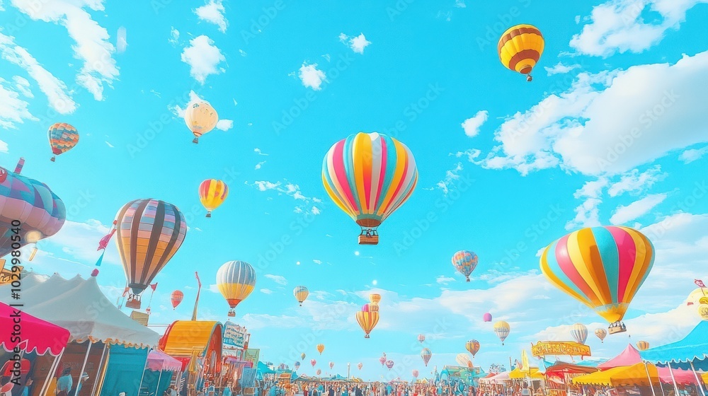 Obraz premium Colorful hot air balloons floating in the sky above a crowd of people at a festival.
