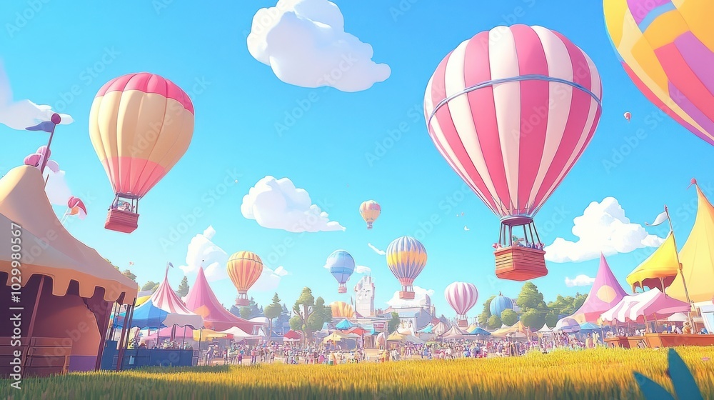 Fototapeta premium Colorful hot air balloons float over a bustling fairground with tents and crowds.