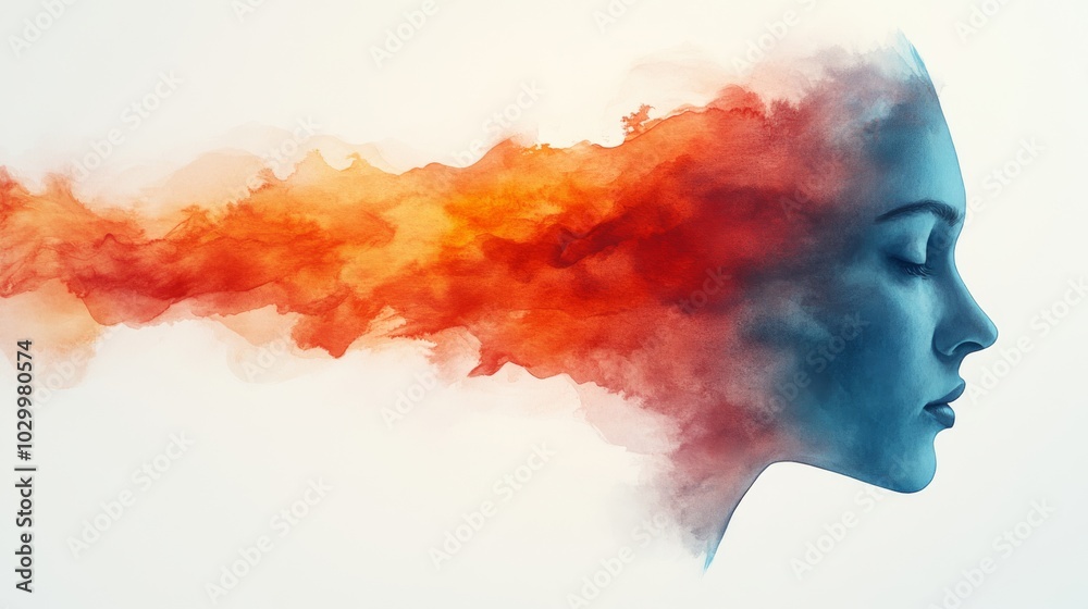 A serene profile of a woman's face blends with vibrant, swirling colors, representing creativity and emotional expression. A serene profile of a woman's face blends with vibrant, swirling colors, representing creativity and emotional expression.