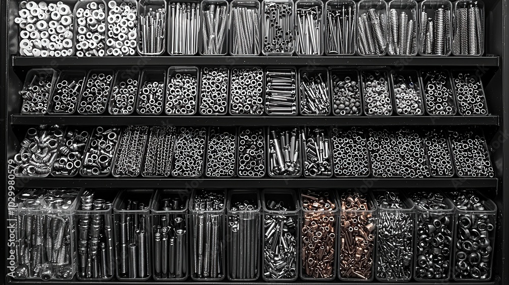 A meticulously organized shelf of various metallic fasteners in a hardware store showcasing bolts, screws, nuts, and washers