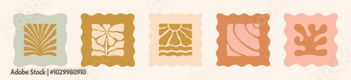 Boho Summer Beach Illustration Set in Square Frame. Groovy Palm Leaf, Flower, Sun, Seashell and Coral. Vector Abstract Tropical Icons in Freehand Naive Style for Logo, Print, Pattern, Poster