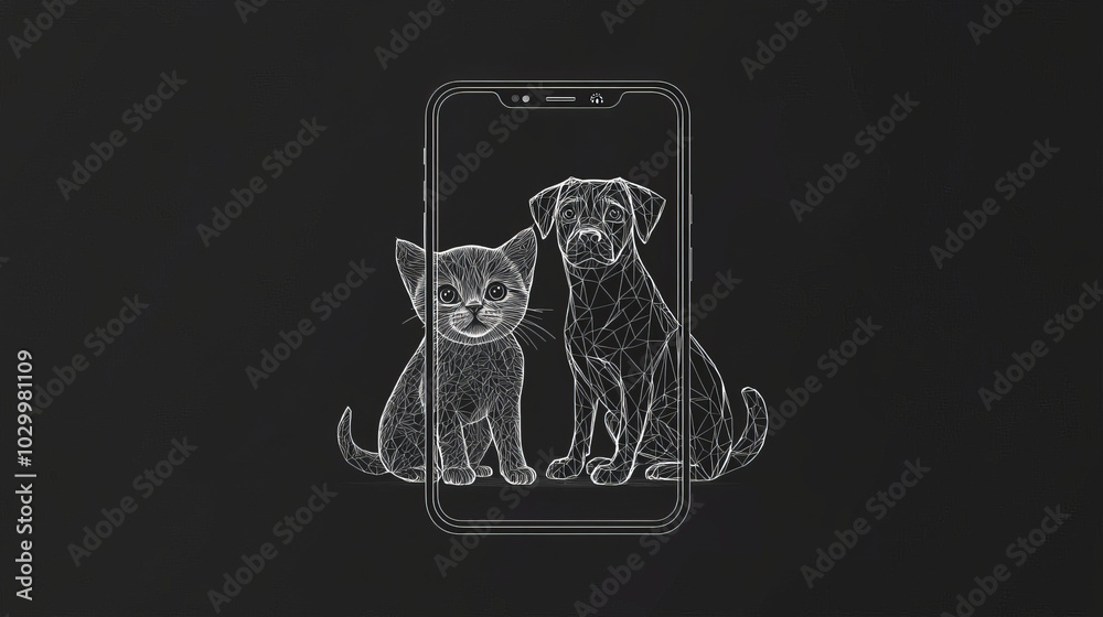 A logo design featuring a dog and cat silhouette on a smartphone. It represents a mobile app for veterinary services, offering online consultations and medical care.low poly wireframe. A logo design featuring a dog and cat silhouette on a smartphone. It represents a mobile app for veterinary services, offering online consultations and medical care.low poly wireframe.