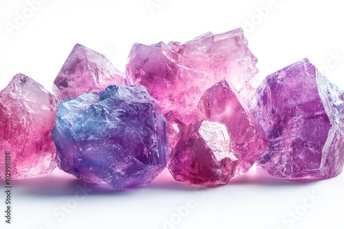 Group of purple and pink fluorite crystals on white background