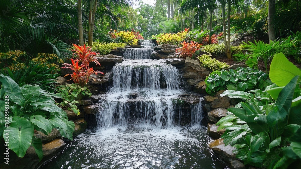 Cascading waterfall flowing into tranquil pond in lush tropical garden