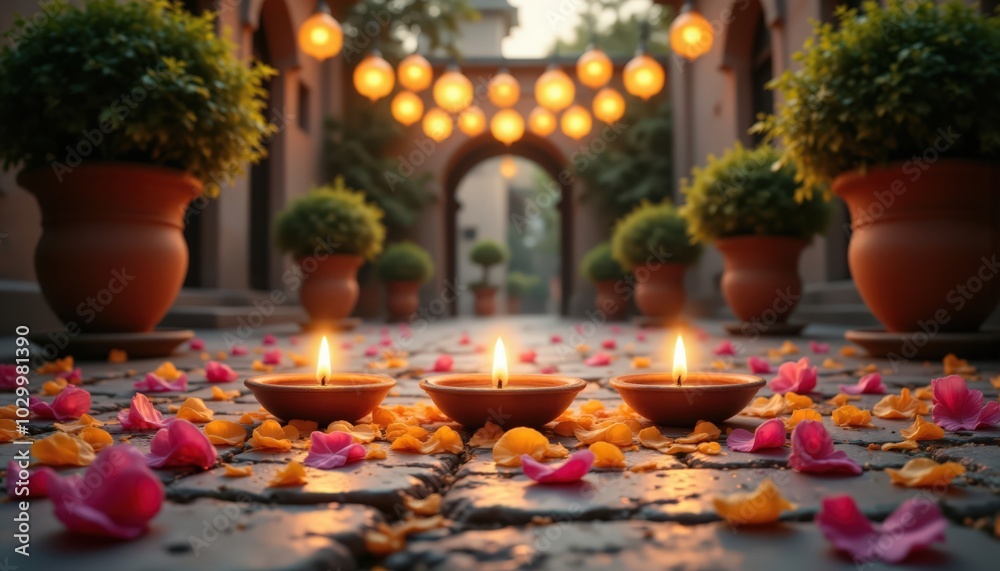 A serene walkway adorned with glowing lamps, decorative pots, and flower petals, creating a warm and festive atmosphere. A serene walkway adorned with glowing lamps, decorative pots, and flower petals, creating a warm and festive atmosphere.