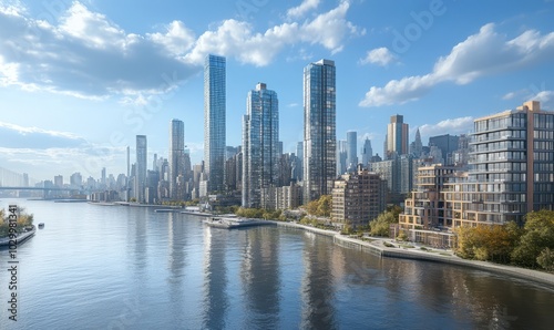 View of modern cityscape with hudson river and skyscrapers, new york city, united states.