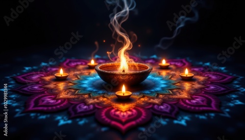 A vibrant mandala pattern surrounds a central bowl of fire, with flickering candles enhancing the mystical atmosphere.