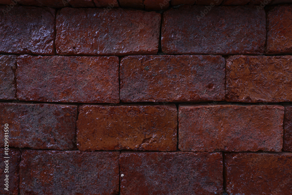 Old and aged red brick wall texture background with vignetting.