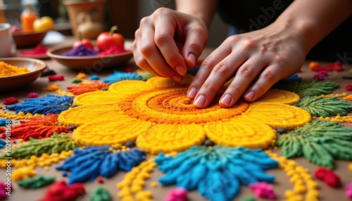 A vibrant, handmade floral design being crafted with bright colors, showcasing intricate artistry and cultural craftsmanship.
